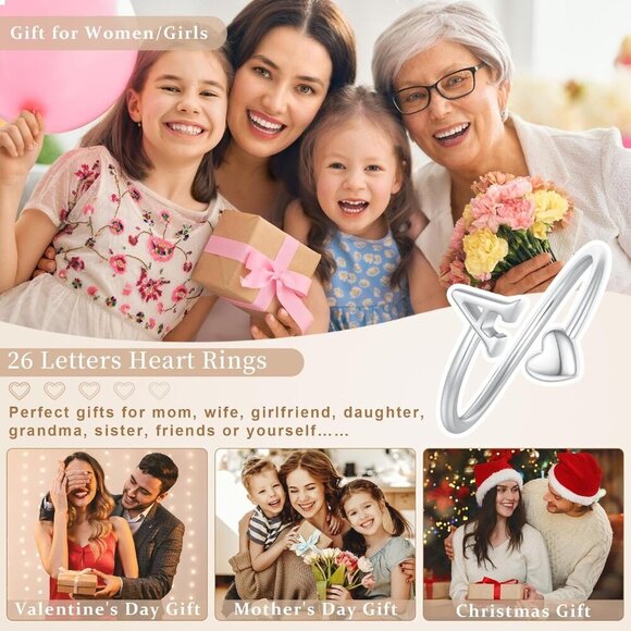 Heart Initial Rings for Women Teen Girls, Stackable Rings Cute Dainty Adjustable - Picture 3 of 8